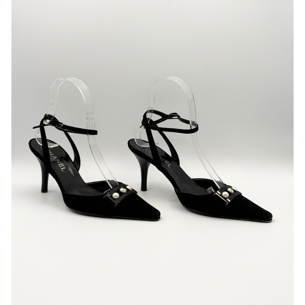Chanel Black Suede Pointed Toe Heels Pearl CC Embellished Strappy Mule EU 35.5